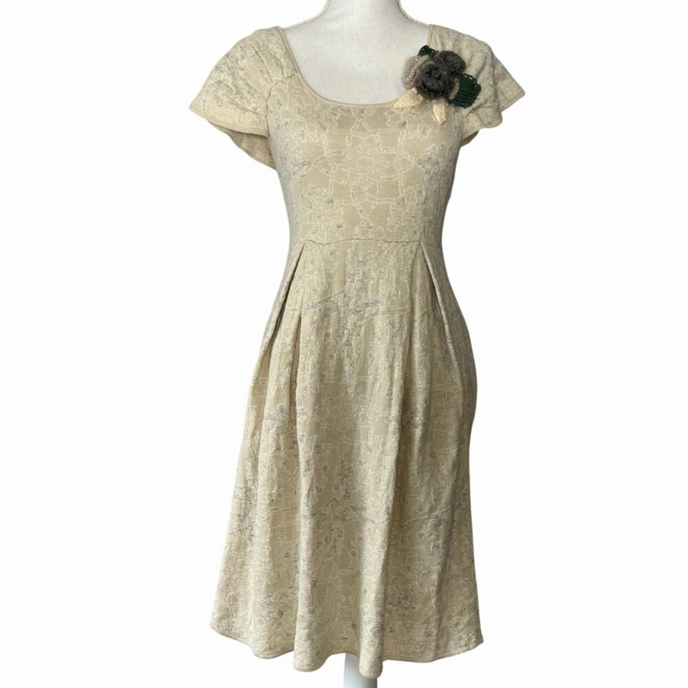 Anthropologie Moth Fit N Flare Dress Women XS Beige Knit Floral Cottagecore Boho